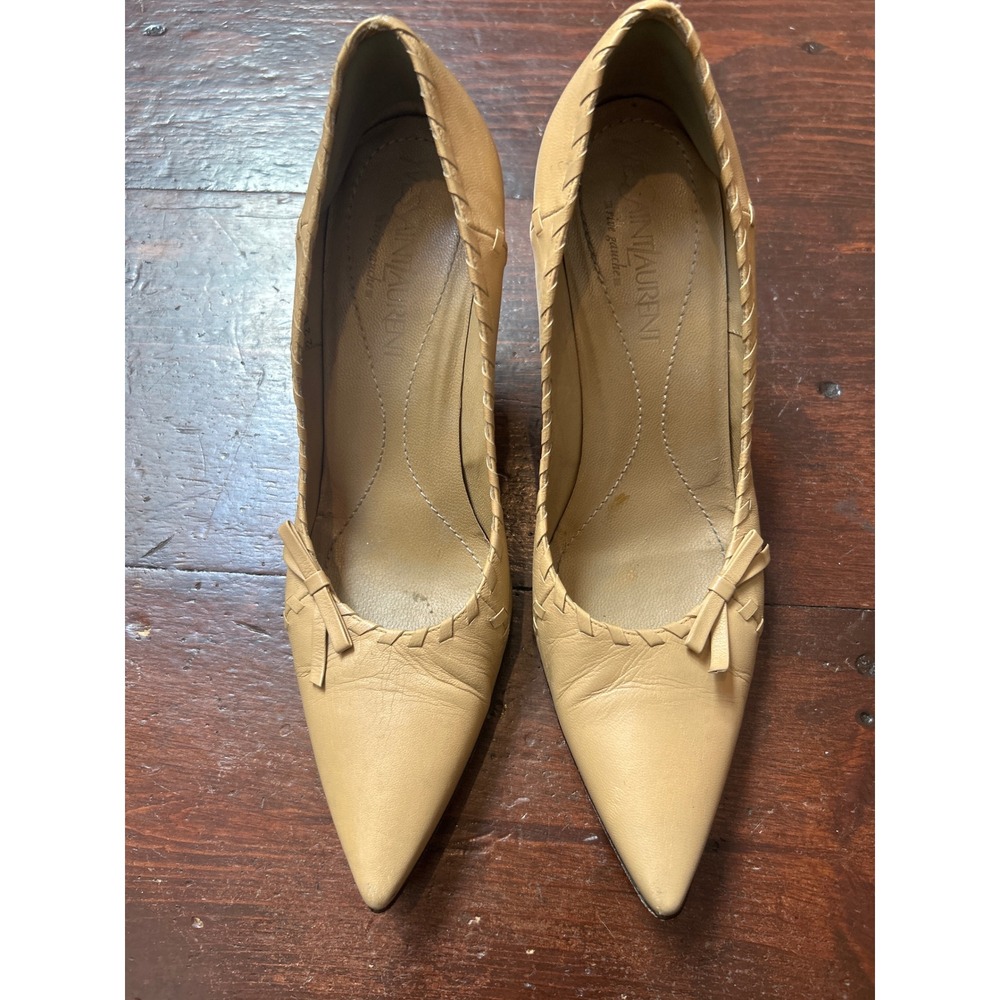 Yves Saint Laurent Rive Gauche Beige Leather Whipstitch Pointed Toe Pumps 37.5